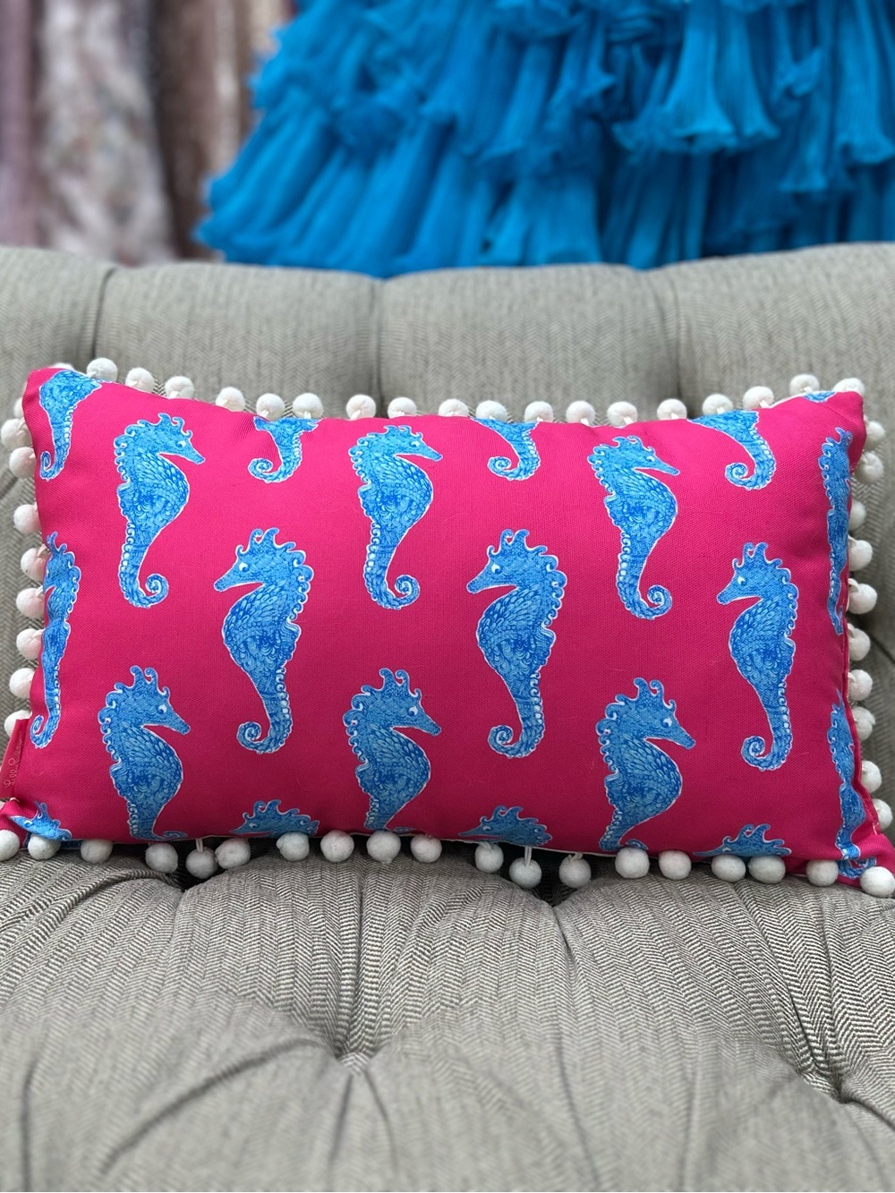 Lilly Pulitzer Hot Pink Pillow with Blue Seahorse Print and White Pom Trim